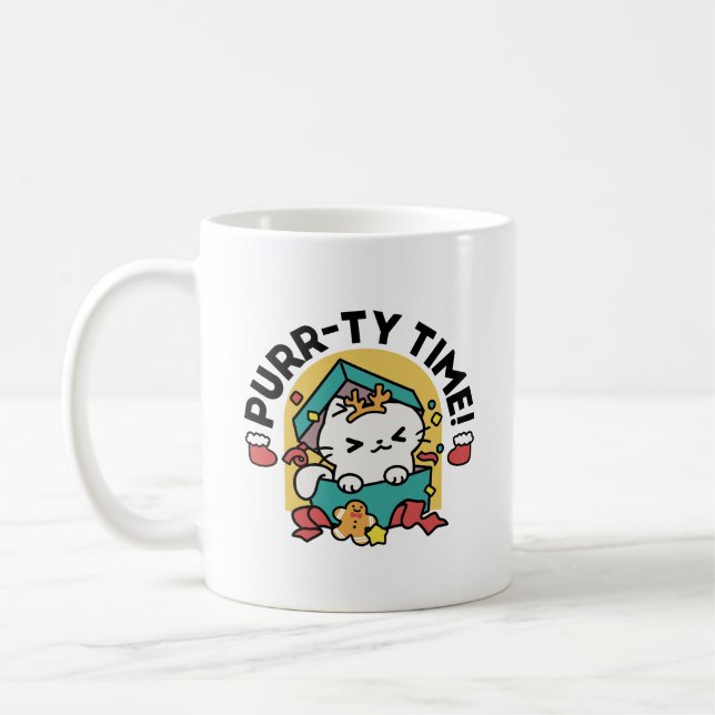 Purr-ty Time! - Festive Cat Christmas Design Coffee Mug (Left)
