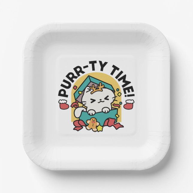 Purr-ty Time! - Festive Cat Christmas Design Paper Plate (Front)