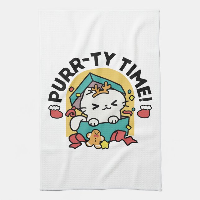 Purr-ty Time! - Festive Cat Christmas Design Tea Towel (Vertical)