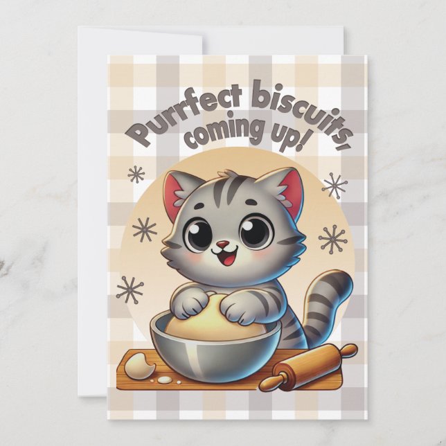 "Purrfect biscuits, coming up" Kneading Cat Invitation (Front)