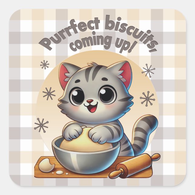 "Purrfect biscuits, coming up" Kneading Cat Square Sticker (Front)