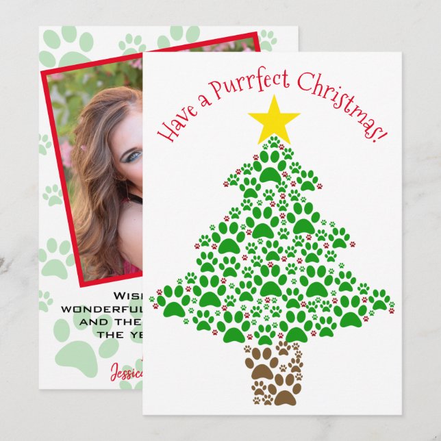 Purrfect Christmas Cute Cat Paw Print Tree Photo Holiday Card (Front/Back)