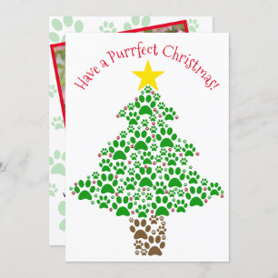 Purrfect Christmas Cute Cat Paw Print Tree Photo Holiday Card