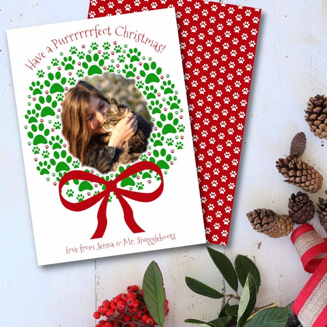 Purrfect Christmas Fun Paw Print Wreath Photo Holiday Card (In Situ Front/Back)