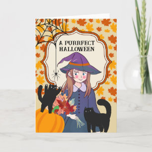 Purrfect Halloween Cute Witch with Cats and Spider Card
