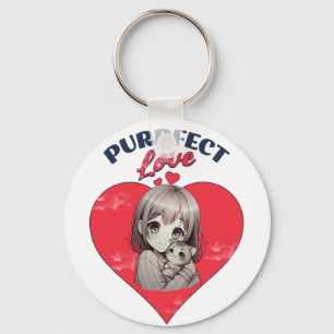 Purrfect Love Cute Cat Girl Heart Illustration Key Ring