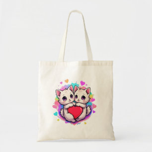 Purrfect Love: Kawaii Couple Cats with Heart Tote Bag