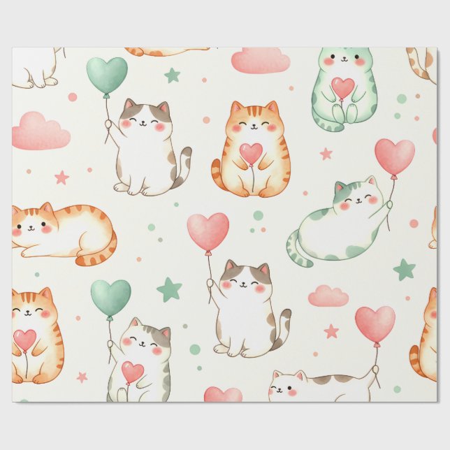 Purrfect Love Parade – Cats & Heart Balloons Wrapping Paper (Flat)