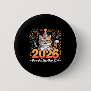 Purrfect New Year 2026 Cute Cat Fireworks Celebrat 6 Cm Round Badge