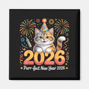 Purrfect New Year 2026 Cute Cat Fireworks Celebrat Magnet