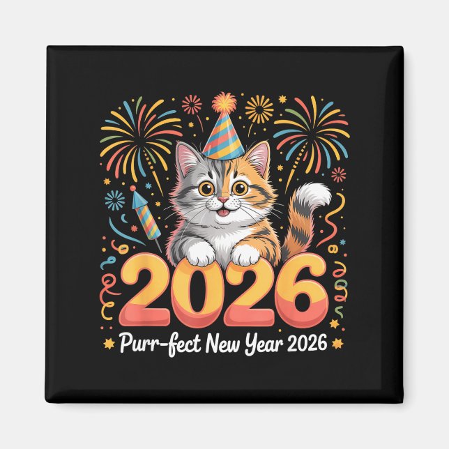Purrfect New Year 2026 Cute Cat Fireworks Celebrat Magnet (Front)