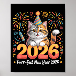 Purrfect New Year 2026 Cute Cat Fireworks Celebrat Poster