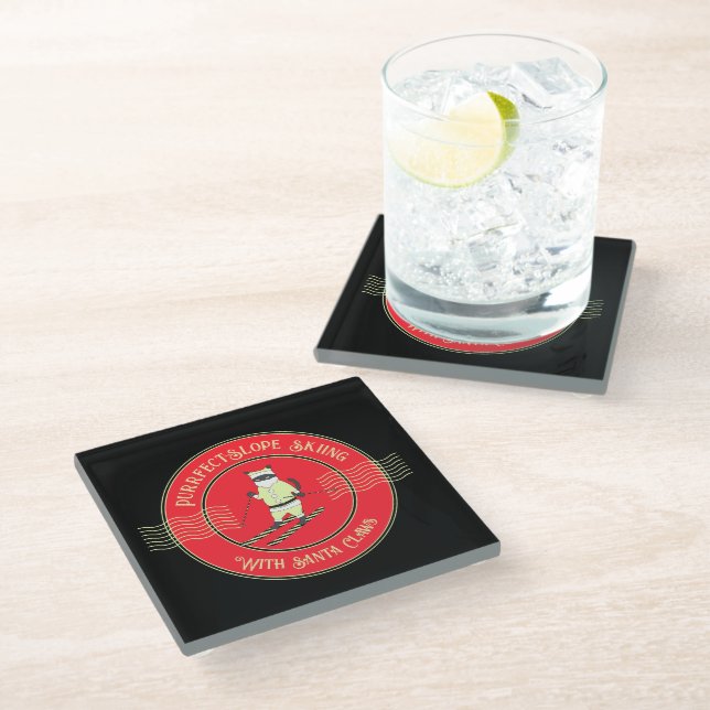 Purrfect-Slope Skiing with Santa Claws Glass Coaster (Angled)