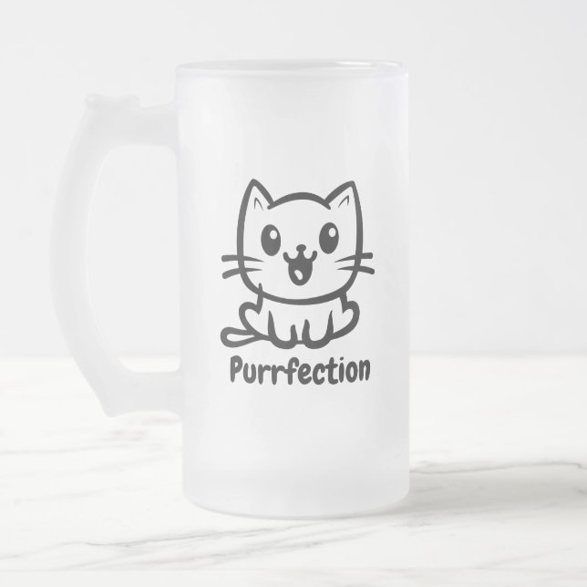 Purrfection, Very Cute Anime Cat Frosted Glass Beer Mug (Left)