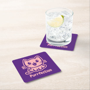 Purrfection, Very Cute Anime Cat Square Paper Coaster