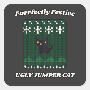 Purrfectly Festive Black Cat Christmas Jumper Square Sticker