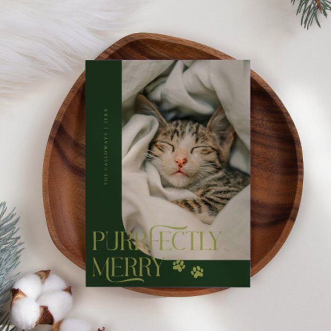 Purrfectly Merry Cat Photo Green Christmas Holiday Card (Creator Uploaded)