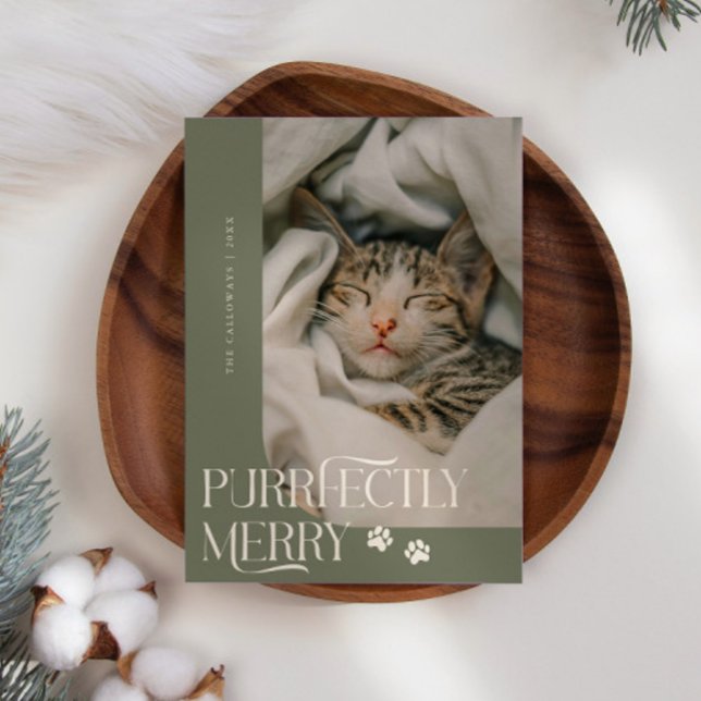 Purrfectly Merry Cat Photo Sage Green Christmas Holiday Card (Creator Uploaded)