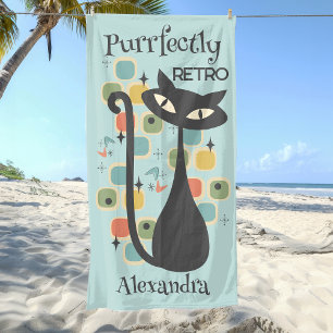 Purrfectly Retro Black Cat Mid Century Beach Towel