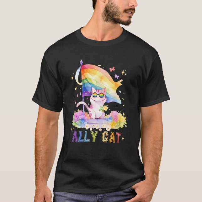 Purride LBGT Proud Ally Cat Rainbow Flag  LGBTQ Pr T-Shirt (Front)