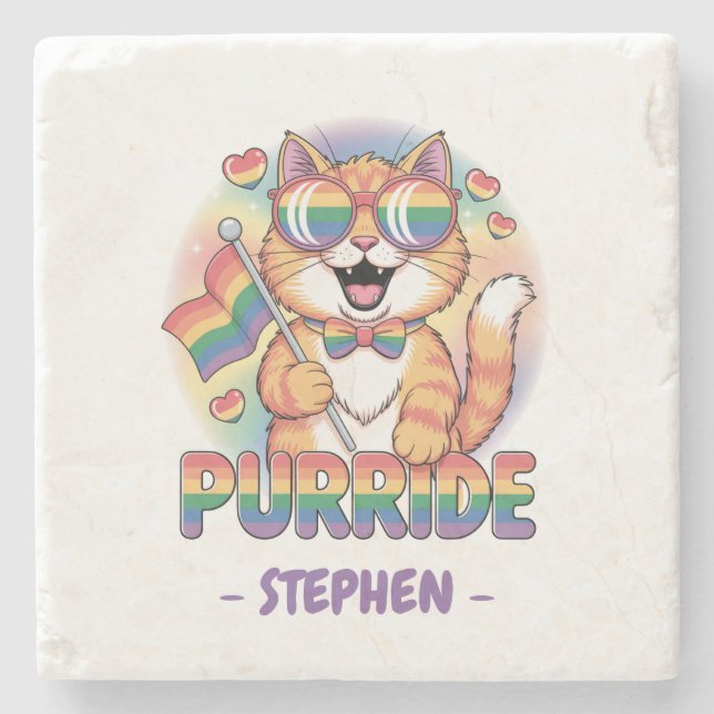 Purride – Orange Cat with Pride LGBTQ Flag Stone Coaster (Front)