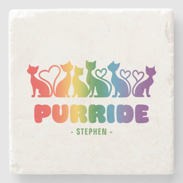 Purride – Rainbow Cat Silhouette LGBTQ+ Pride Pun Stone Coaster (Front)
