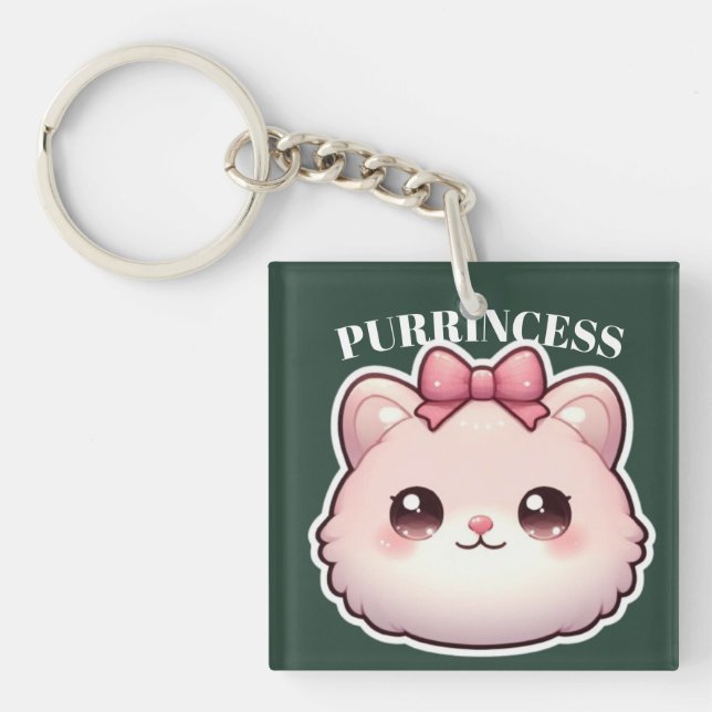 Purrincess Cute Pink Kitty Bow Design Key Ring (Front)