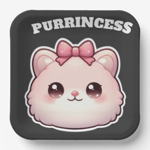 Purrincess Cute Pink Kitty Bow Design Paper Plate