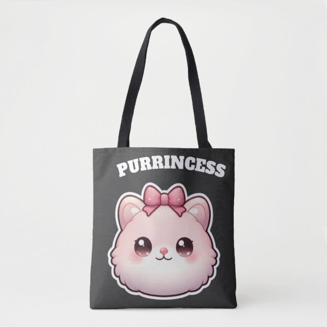 Purrincess Cute Pink Kitty Bow Design Tote Bag (Front)
