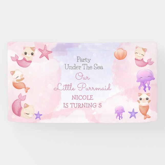 Purrmaid cat mermaid cute girl birthday banner (Horizontal)