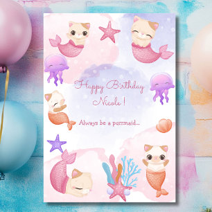 Purrmaid cat mermaid cute girl happy birthday card