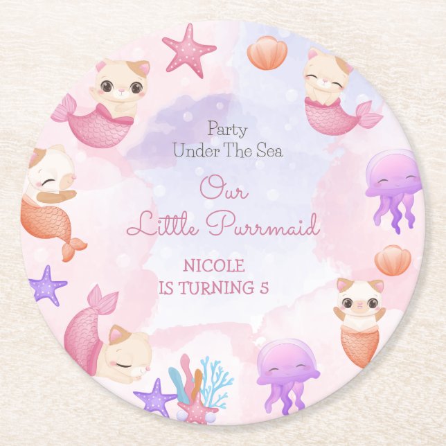 Purrmaid cat mermaid cutebirthday round paper coaster (Front)