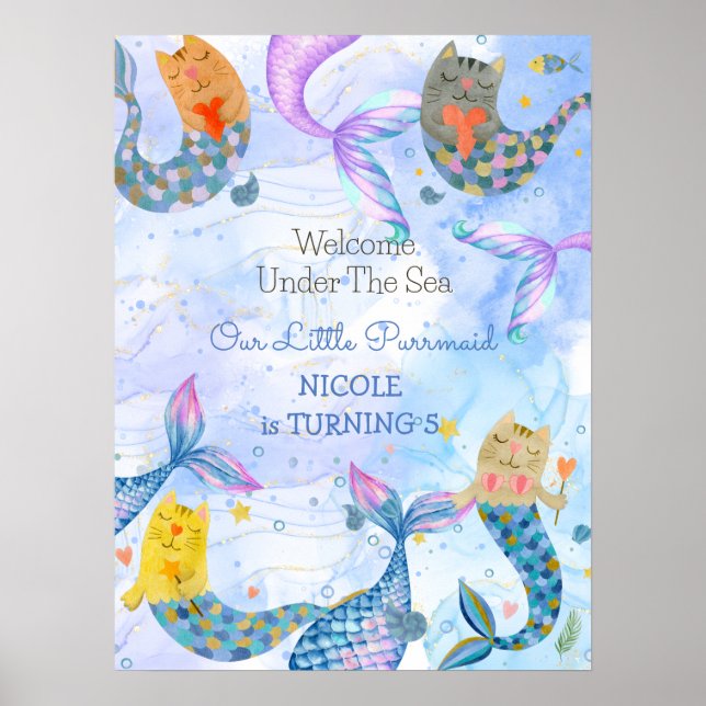 Purrmaid cat mermaid girl birthday welcome poster (Front)