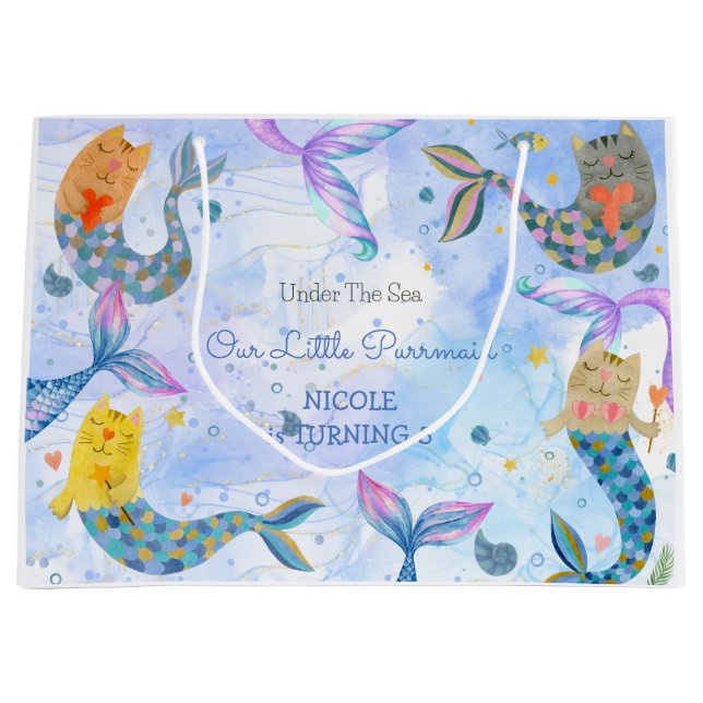 Purrmaid cat mermaid sea girl birthday large gift bag (Front)