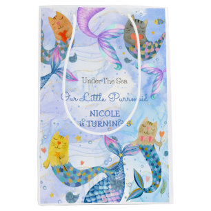 Purrmaid cat mermaid watercolor girl birthday medium gift bag