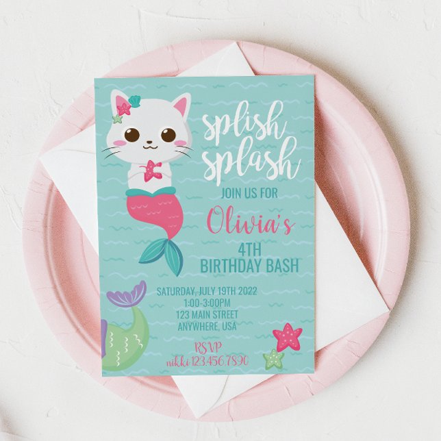 Purrmaid Mermaid Kitty Pool Party Birthday Party Invitation (Creator Uploaded)
