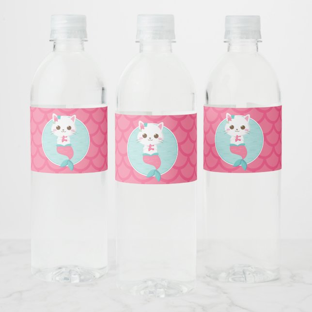 Purrmaids Pink Mermaid Kitty Birthday Water Bottle Label (Bottles)