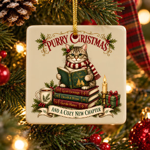 Purry Christmas Cosy Cat Book Lover Ceramic Ornament