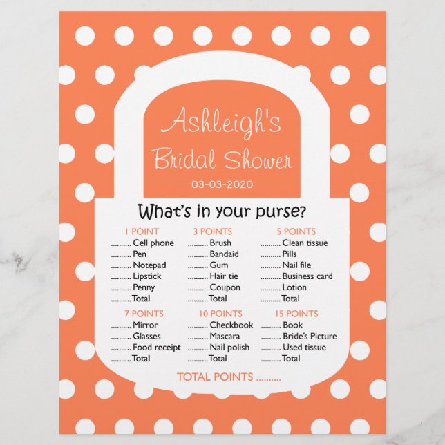 Purse Bridal Shower Game - Coral (Front)