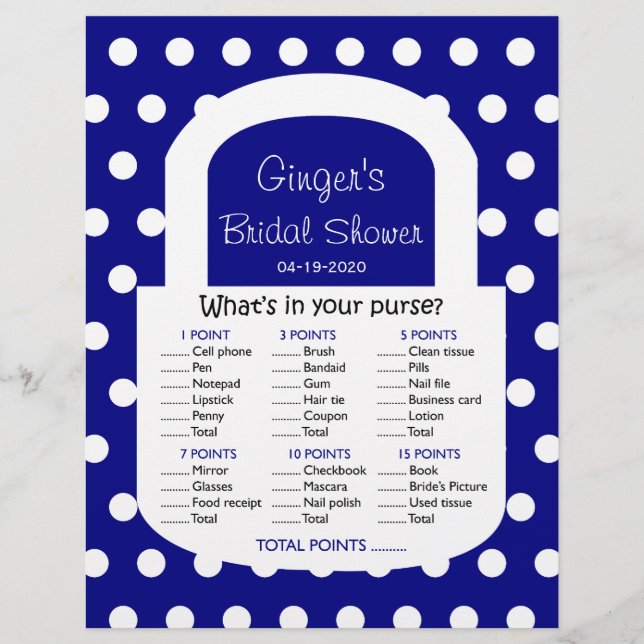 Purse Bridal Shower Game - Navy Blue (Front)