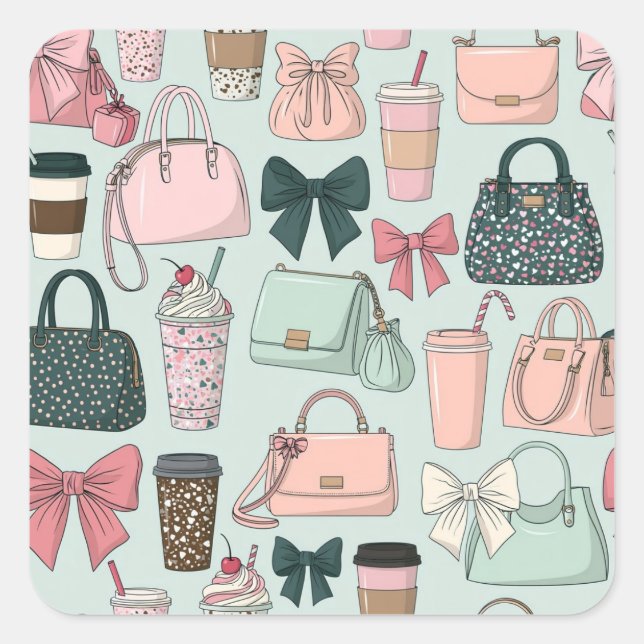 Purses, bows & lattes square sticker (Front)