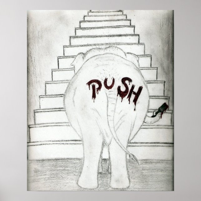 Pushing An Elephant Up The Stairs Poster (Front)