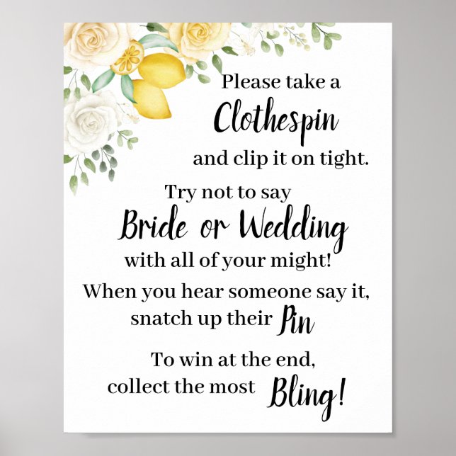 Put a Clothes pin Lemons & Roses Shower Game Sign (Front)