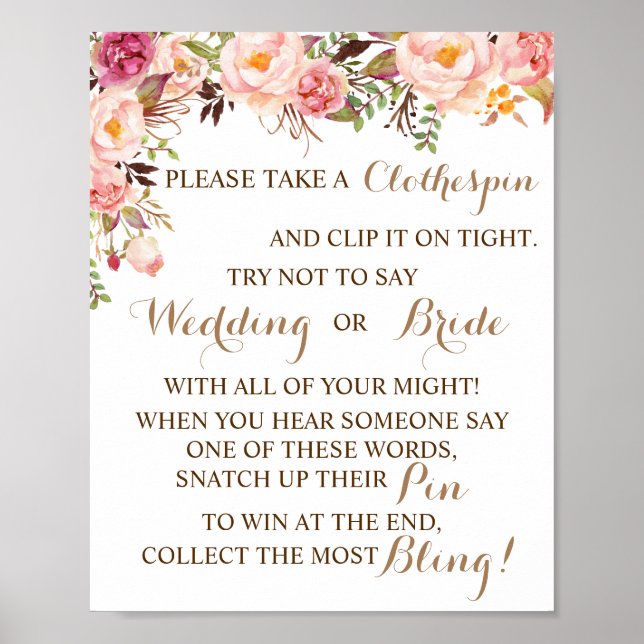 Put a Clothespin Pink Bridal Shower Game Sign (Front)
