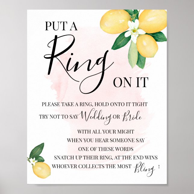 Put a Ring on it Lemons Pink Bridal Shower Game Poster (Front)