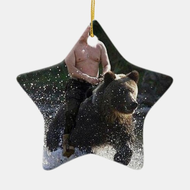 Putin rides a bear! ceramic tree decoration (Front)