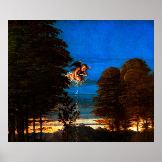 Putto In Blue Sky Pours a Cascade of White Flowers Poster (Front)