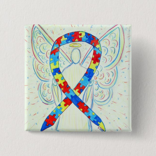 Puzzle Angel Autism Awareness Ribbon Art Pins (Front)