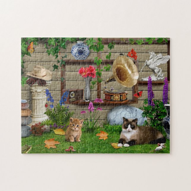 Puzzle Backyard with cats board game (Horizontal)
