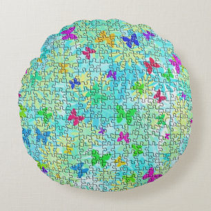 Puzzle Butterflies and Daisies-Colourful by STaylo Round Cushion
